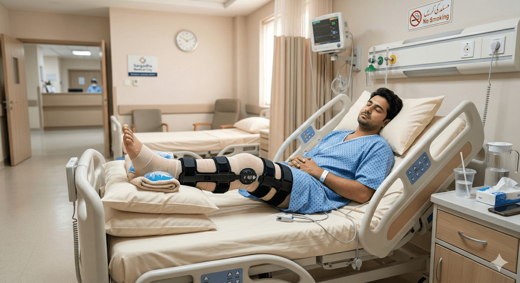 A patient lying in a hospital bed after ACL knee surgery, wearing a professional knee brace and receiving post-operative care.